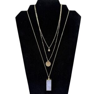 Layered Gold Tone Necklace Purple Crystal Druzy Pendant Satellite Chain Jewelry